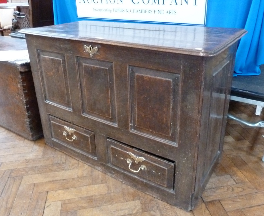Oak mule chest, panelled front with brass escutcheon, with two small drawers below with brass swan-