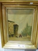 Oil on board
Continental school
Town street scene with wagon and pedestrians in foreground,