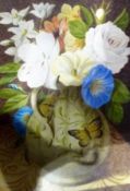 Painting on ivory
Still life of flowers in a jug with butterflies, indistinctly signed in, in