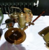 A quantity of copper items including warming pan, kettle, coffee pot jug and a two handled cup (5)