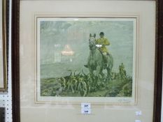 Colour print
After A. J. Munnings
Going the Meet, huntsmen with hounds, yellow hunt coats, signed in