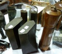 A table mirror with bevelled plate and trestle support, a pair of heavy oak bookends and a yew