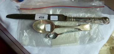 Silver handled knife (marks worn), silver spoon and a silver teaspoon with Aztec design (3)