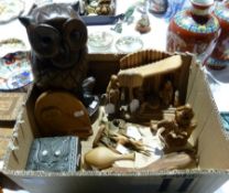 Quantity of treen to include:- the Holy Crib, olive wood salad servers, carved figure of an owl,