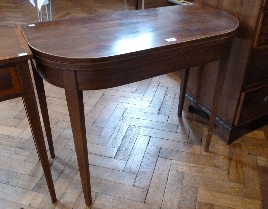 A mahogany and satinwood banded 'D'-end card table, on tapering supports, 20cm wide