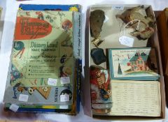 Two old printed card games, "Illustrated Book Titles" and "Muzoo", old penny toy, woman on