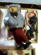 Pelham puppet "Pinky", boxed, clown hand puppet, a modern wooden puppet and black plastic doll (4)