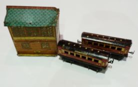 Quantity 0 gauge tinplate railway equipment to include:- signal box, level crossing, coaches and