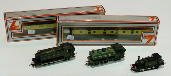 Two Hornby 00 gauge GWR and a Lima locomotive, together with two boxed Lima carriages, and a Duplo