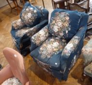 Pair old armchairs, with floral loose covers, loose cushions to backs and seats, on square