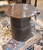 Antique oak occasional table, with barrel base, 50cm wide