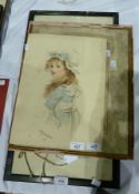 Watercolour
K. Scott
Portrait of a young girl in mob cap and frilled sashed dress, unframed,