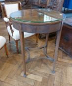 Edwardian inlaid circular occasional table, glass top with inlaid foliate and ribbon detail to