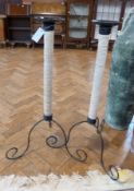 Two large modern free standing large candleholders, shaped to tripod metal supports (2)