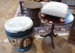 Reproduction circular mahogany occasional table, a small upholstered square stool with bun feet