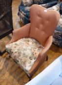 Small button back armchair, with cushioned seat, pink upholstery, on cabriole legs