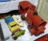 Sutcliffe tinplate "Jupiter" speed boat, large red tinplate engine, green metal racing car and a