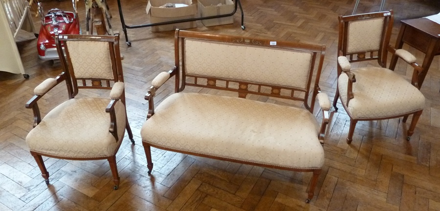 Edwardian inlaid mahogany two-seater settee and pair matching armchairs, inlaid with foliate panel