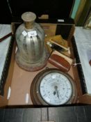 An old leather bound fly wallet with compartments for flies, two Magic Lantern slides and a metric