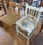 Nineteenth century green painted spindle back single chair with upholstered seat on ring turned legs