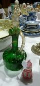 Mary Gregory style green and cream ewer (af) and a pink cased glass perfume bottle (2)