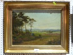 Oil board
Unattributed
Pastoral scene, drystone wall in the foreground with trees, farm in the far