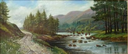 Oil on canvas
E.N. Edwards
Scottish mountain scene with deer drinking in a stream, signed lower