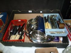 Silverplate tea set, large quantity flatware, Coalport knife, boxed etc (1 box)