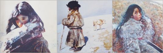 Three colour prints 
After Ai Xuan 
Two images of young girls in snowy landscape and another of