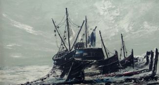 Oil on board 
Hawkes
Fishing boats moored on beach in winter, signed, 42 x 75 cm