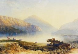 Watercolour
G. Scott 
Loch scene in mountainous landscape with figure and cattle in foreground,