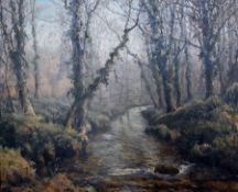 Oil on board 
D. Law (?) 
Autumnal scene of stream running through a wood, signed, 49 x 59 cm