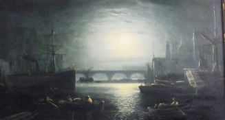 Oil on canvas 
19th century English School
Moonlit Thames scene, with shipping in London,