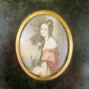 Portrait miniature on ivory
19th century school 
Half length portrait of a woman beside lake,
