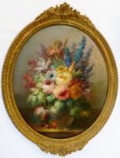 Oil on panel 
L. Hilas (?) 
Still-life, vase of flowers, oval, signed indistinctly, 43.5 x 37cm