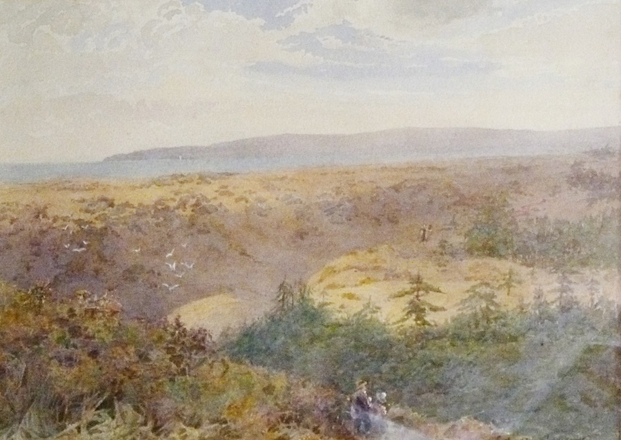 Watercolour drawing
J. Bedloe Goddard (XIX - XX)
Extensive moorland landscape with sea in