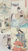 Five Japanese woodblock colour prints
Studies of geishas in interiors and landscapes, various sizes