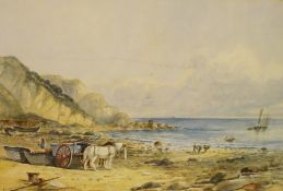 Watercolour drawing
Norman Bradley (XIX - XX)
Shore scene with fishermen, ponies pulling a cart