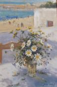 Oil on board
John Neale (20th century)
Flowers in a vase on balcony, beach scene with figures in