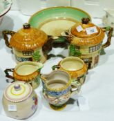 Beswick cottage fur-piece teaset, Poole preserve pot, Shelley bowl and a small maiolica jug