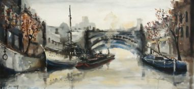 Oil on canvas 
Jorge Aguilar-Agon (b.1936)
Barge boats in city canal with bridge, signed, 44 x 89 cm