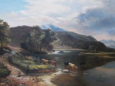 Oil on canvas
After 19th century English School
H James
Extensive river landscape with mountainous