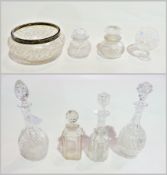 A cut glass bowl with EPNS rim, various assorted decanters, vases and other items (8)