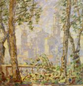 Oil on board
20th century continental school
Town with church spires viewed through trees, 43 x