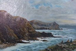 Oil on canvas
Late nineteenth/early twentieth century school
Rocky coastal scene with two men and