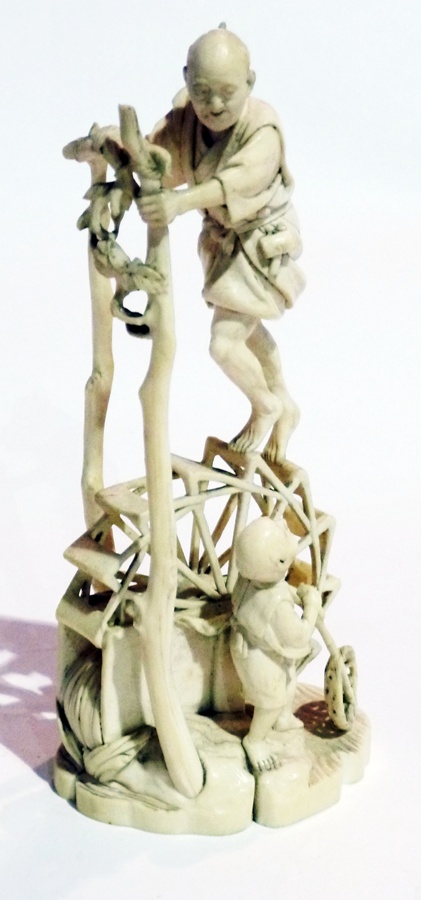 Meiji period (1868-1912) carved ivory model of figure on watermill and one with net, signed to