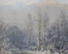 Oil on canvas 
Unattributed 
Winter landscape with figure in path, 49 x 63 cm