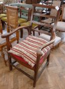 Antique oak chair, with ladderback and curved arms, (in need of reupholstery), on straight