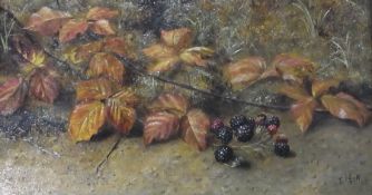 Oil on canvas
E. J. P.
Still life, fruiting blackberry spray, initialled E.J. P. and dated 1894,