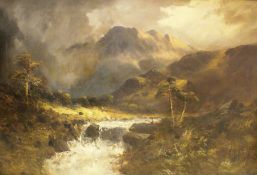 Oil on canvas
....de Breanski
Highland river landscape under a stormy sky with scudding clouds and